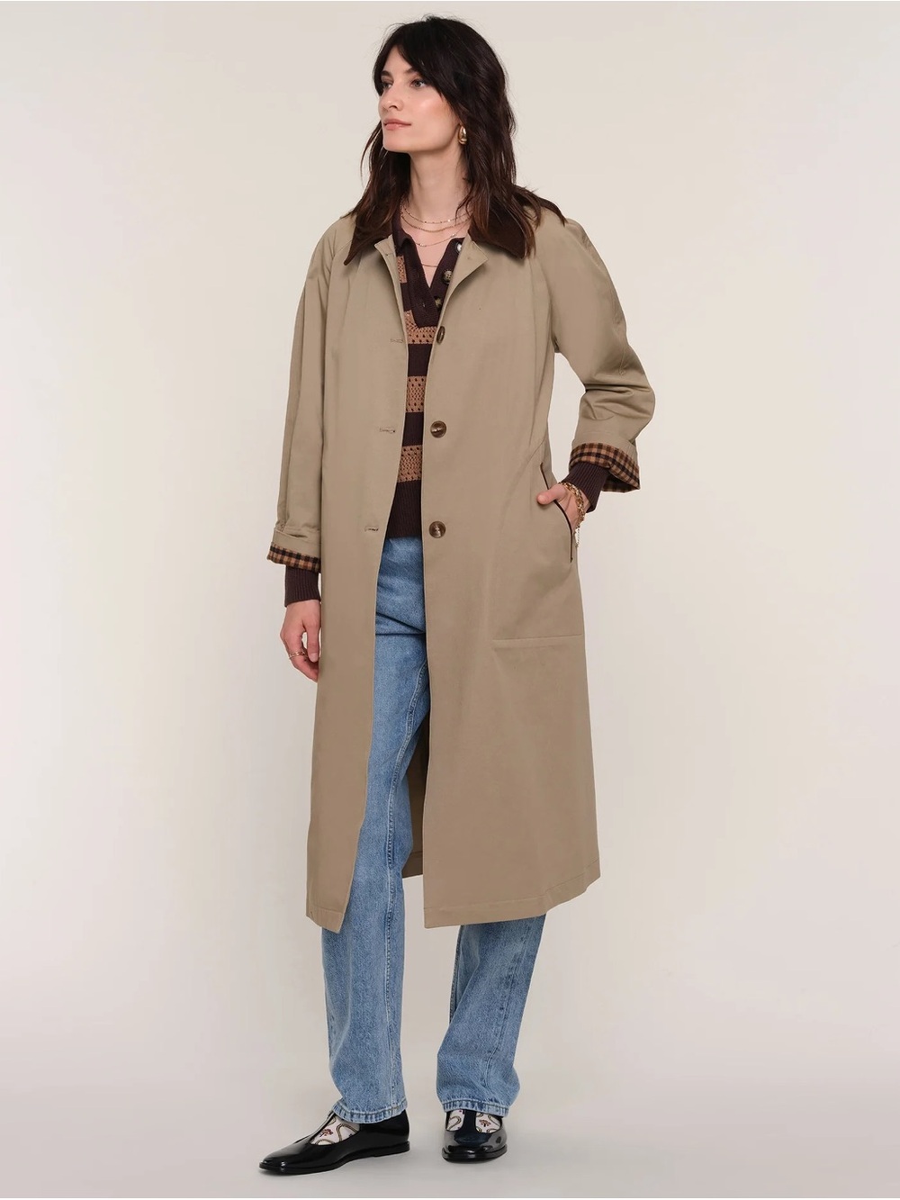HEARTLOOM Khaki Single-Breasted Belted Trench Coat with Corduroy & Plaid Detail
